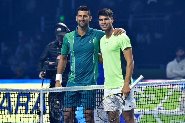 Novak Djokovic and Carlos Alcaraz met in an exhibition match in Riyadh in December. ©AFP