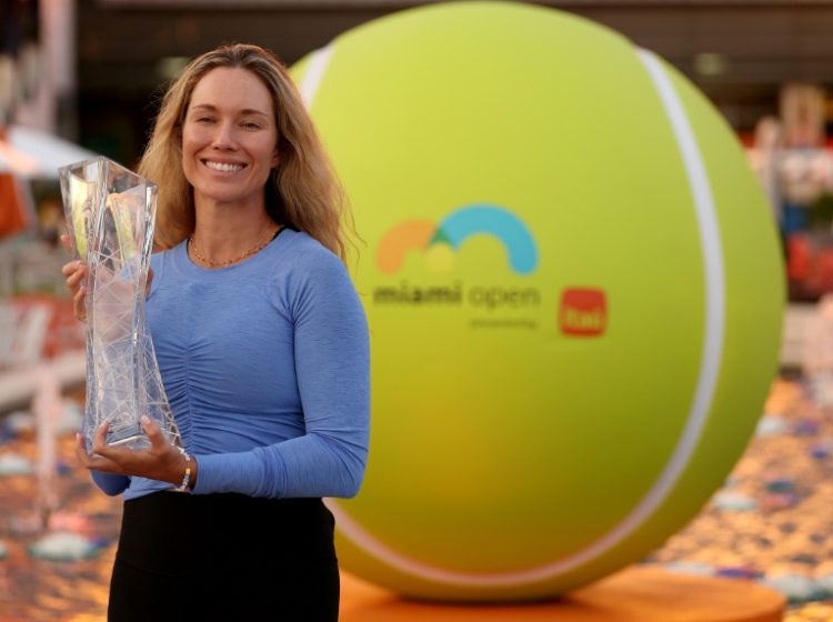 Danielle Collins of the United States poses with the trophy after winning the Miami Open Women's Final at Hard Rock Stadium on Saturday.. ©AFP