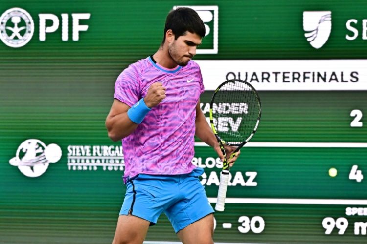 Spain's Carlos Alcaraz celebrates a point during his quarter-final victory over Alexander Zverev in the ATP-WTA Indian Wells Masters . ©AFP