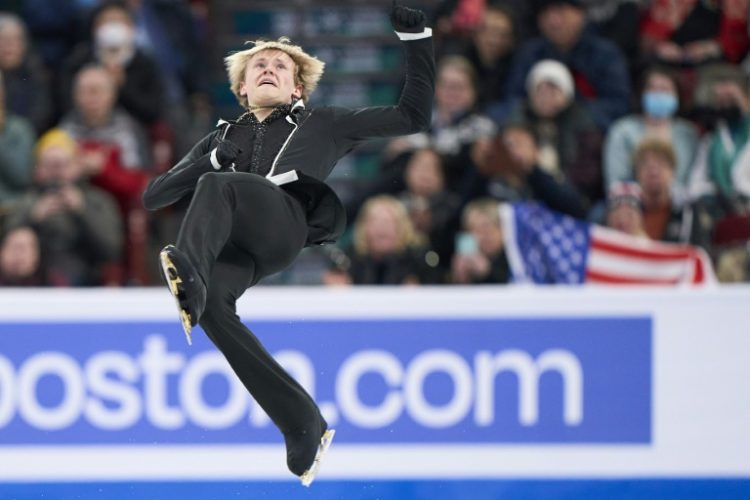American Ilia Malinin skates in the men's free skate on the way to gold at the Figure Skating World Championships in Montreal. ©AFP
