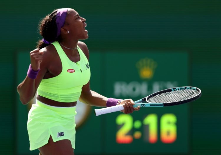 Reigning US Open champion Coco Gauff of the United States celebrates match point against Clara Burel of France in their second-round match at Indian Wells. ©AFP