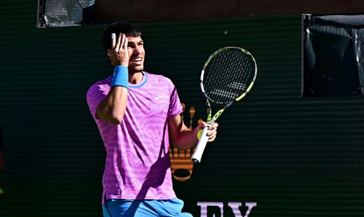 Spain's Carlos Alcaraz reacts to a swarm of bees that halted play in his ATP-WTA Indian Wells Masters quarter-final against Alexander Zverev. ©AFP