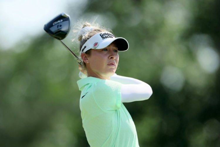 Nelly Korda of the United States plays her shot from the second tee during the first round of The Chevron Championship at The Club at Carlton Woods on Thursday.. ©AFP