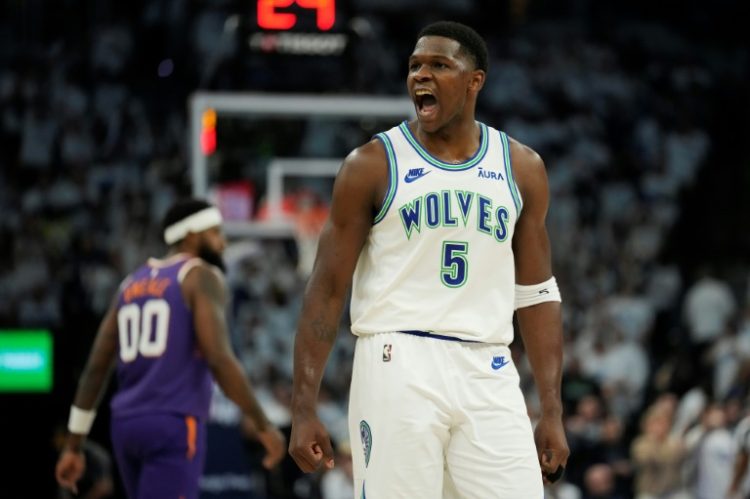 Minnesota's Anthony Edwards celebrates in the second half of the Timberwolves victory over the Phoenix Suns in game one of their NBA Western Conference first round playoff series. ©AFP