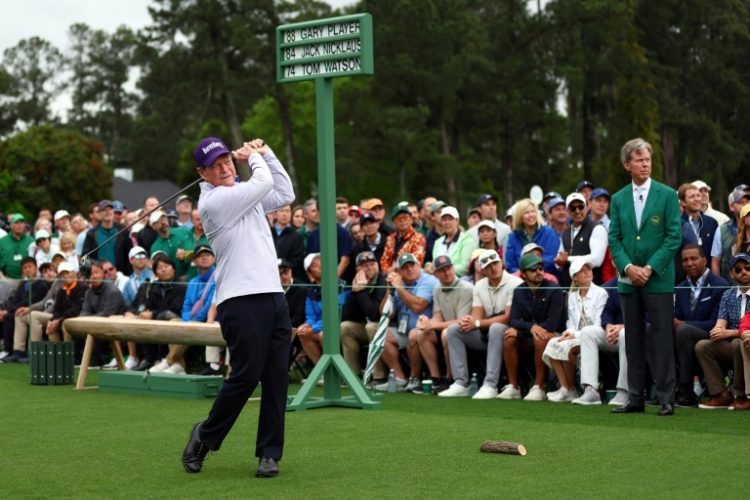 Former Masters champion Tom Watson plays his tee shot in the Honorary Starters ceremony as Fred Ridley the Chairman of Augusta National Golf Club, watches during the first round of the 2024 Masters Tournament at Augusta National Golf Club on Thursday.. ©AFP