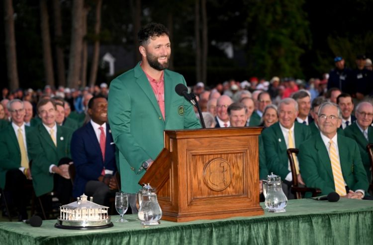 Jon Rahm of Spain speaks during the Green Jacket Ceremony after winning the 2023 Masters Tournament at Augusta National Golf Club on April 09, 2023.. ©AFP