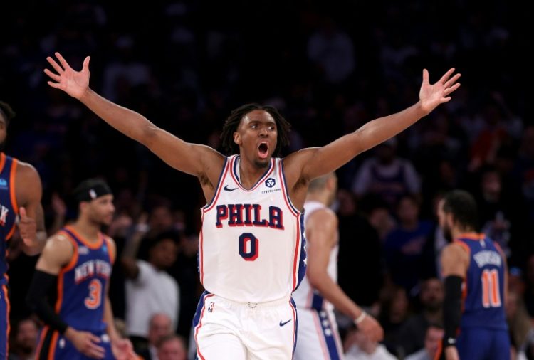 Tyrese Maxey reacts after his fourth quarter heroics helped Philadelphia keep their playoff series against the New York Knicks alive. ©AFP