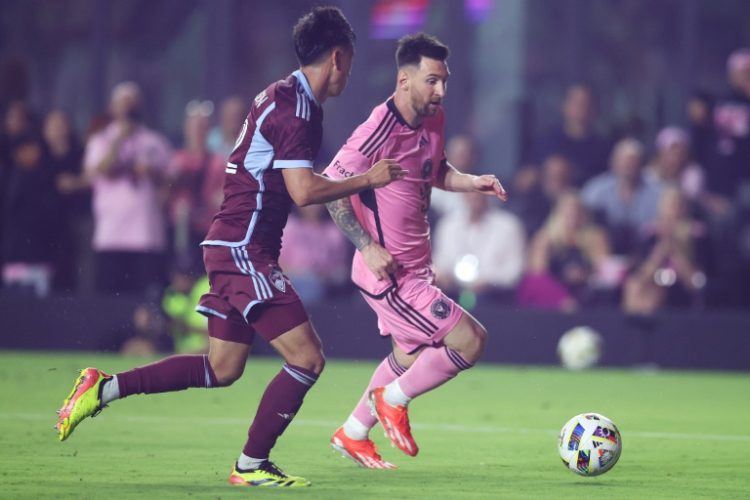 Lionel Messi of Inter Miami dribbles up field during the second half against the Colorado Rapids in MLS on Saturday.. ©AFP