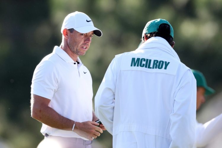 Rory McIlroy of Northern Ireland looks on from the 17th green during the first round of the 2024 Masters Tournament at Augusta National Golf Club on Thursday.. ©AFP