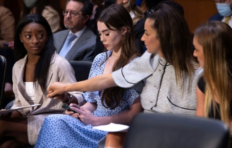 US Olympic gymnasts (L-R) Simone Biles, McKayla Maroney,  Aly Raisman and Maggie Nichols, appeared at a Senate Judiciary hearing about the Inspector General's report on the FBI handling of Larry Nassar. ©AFP