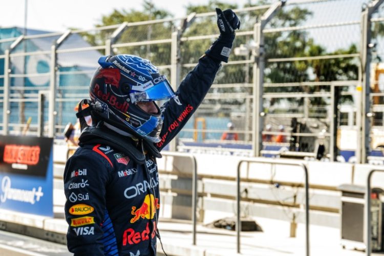 Red Bull Racing's Dutch driver Max Verstappen celebrates winning the pole position after the qualifying session for the Miami Formula One Grand Prix. ©AFP