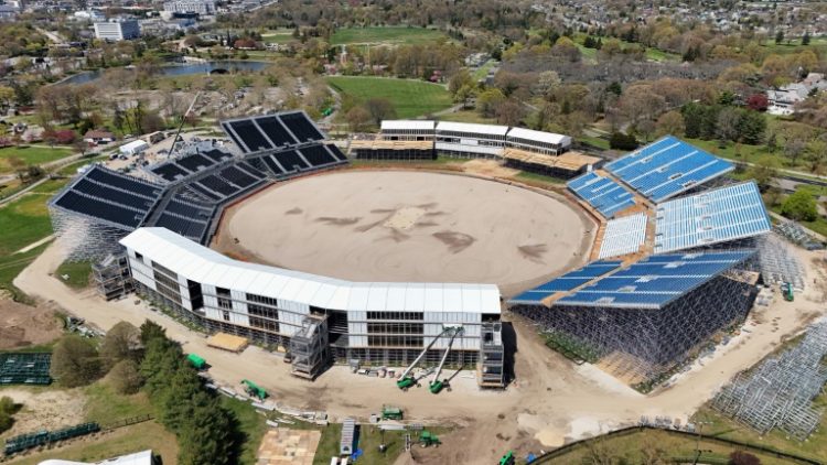 Construction continued on the Nassau County International Cricket Stadium on April 22, 2024. The site will be the host to the T20 World Cup in June of this year. ©AFP