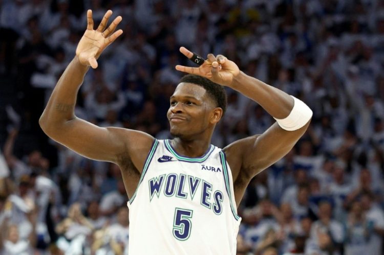 Going seven: Minnesota's Anthony Edwards celebrates in the fourth quarter of the Timberwolves' series-tying blowout victory over Denver in the NBA playoffs. ©AFP