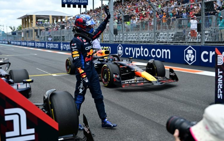 Red Bull's Max Verstappen waves to fans after winning the sprint race at the Miami Grand Prix on Saturday  . ©AFP