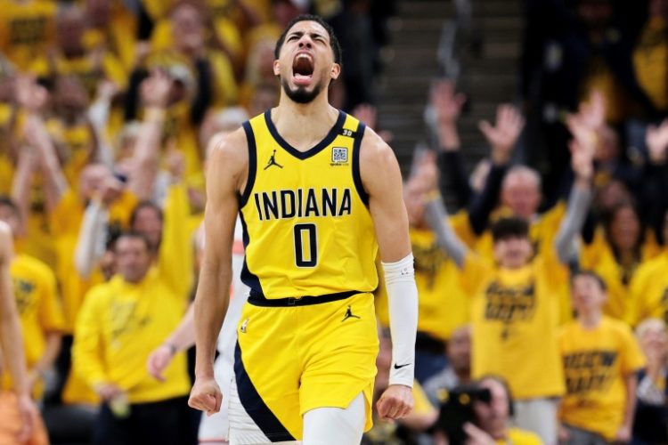 Indiana's Tyrese Haliburton reacts after making a three-pointer in the Pacers' victory over the New York Knicks in game three of their NBA Eastern Conference semi-final series. ©AFP