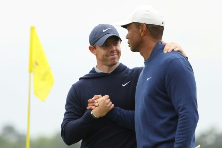 Four-time major winner Rory McIlroy of Northern Ireland, left, and 15-time major champion Tiger Woods of the United States, right, have each won major titles at Valhalla, site of next week's 106th PGA Championship. ©AFP