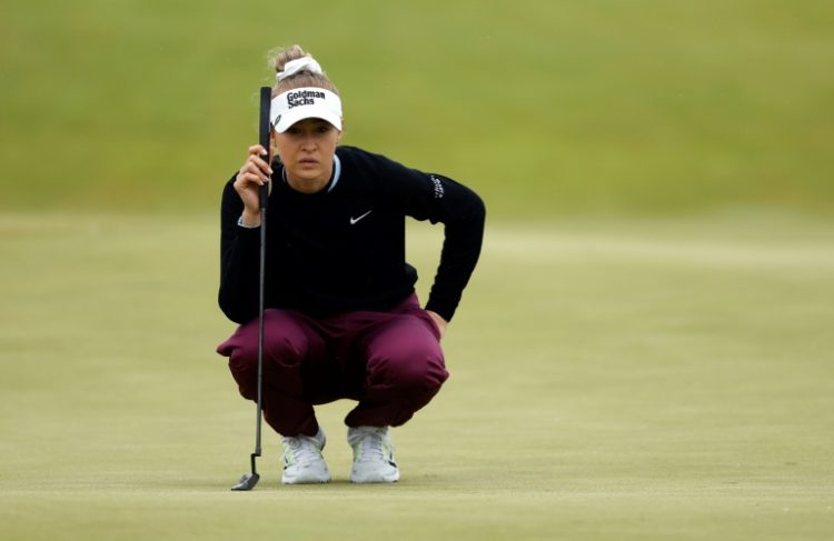 American Nelly Korda lines up a putt on the way to the 54-hole lead in the LPGA Mizuho Americas Open. ©AFP