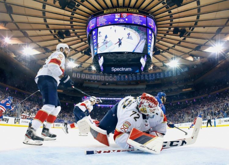 Sergei Bobrovsky of the Florida Panthers makes a third period save against the New York Rangers in Game One of the Eastern Conference Final.. ©AFP