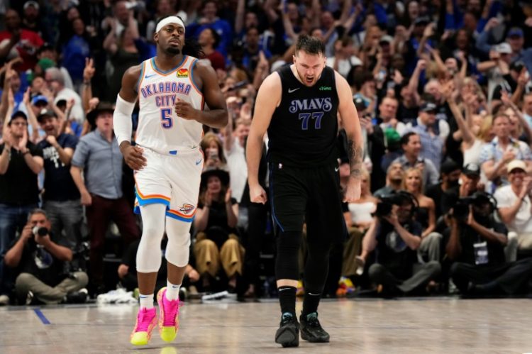 Luka Doncic of the Dallas Mavericks reacts during the fourth quarter of a series-clinching victory over the Oklahoma City Thunder in the NBA playoffs. ©AFP