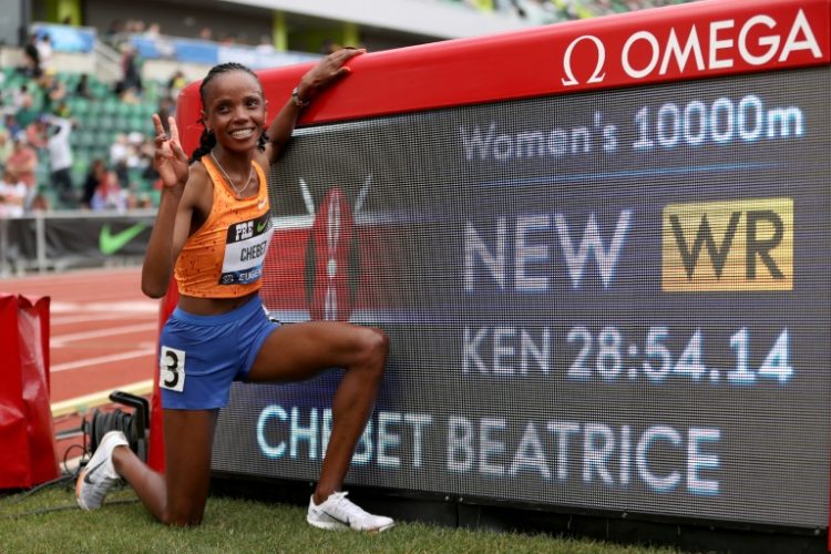 Kenya's Beatrice Chebet celebrates her world record-setting 10,000m victory at the Eugene Diamond League meeting. ©AFP