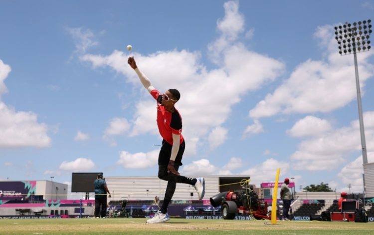 Canada's Nicholas Kirton bowls during a net session ahead of Saturday's T20 Cricket World Cup opener in Dallas against the United States. ©AFP