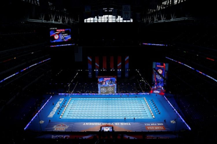 A general view of the competition pool on Day One of the 2024 US Olympic swimming trials at Lucas Oil Stadium. ©AFP
