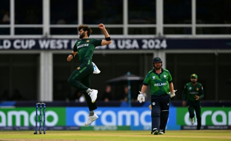 Pakistan's Shaheen Afridi celebrates after he bowls Ireland's Andy Balbirnie during Sunday's T20 World Cup game at Lauderhill. ©AFP