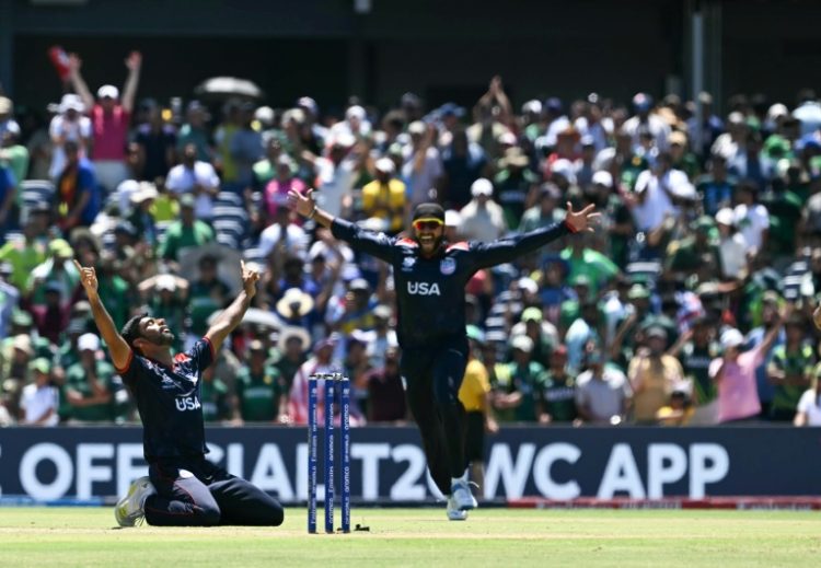 The USA's Saurabh Nethralvakar (left) celebrates after securing a shock win over Pakistan at the T20 Cricket World Cup. ©AFP