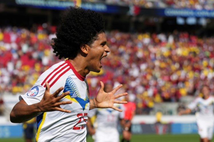 Eduard Bello of Venezuela celebrates after scoring his team's second goal in the 2-1 win over Ecuador in Copa America Group B on Saturday.. ©AFP