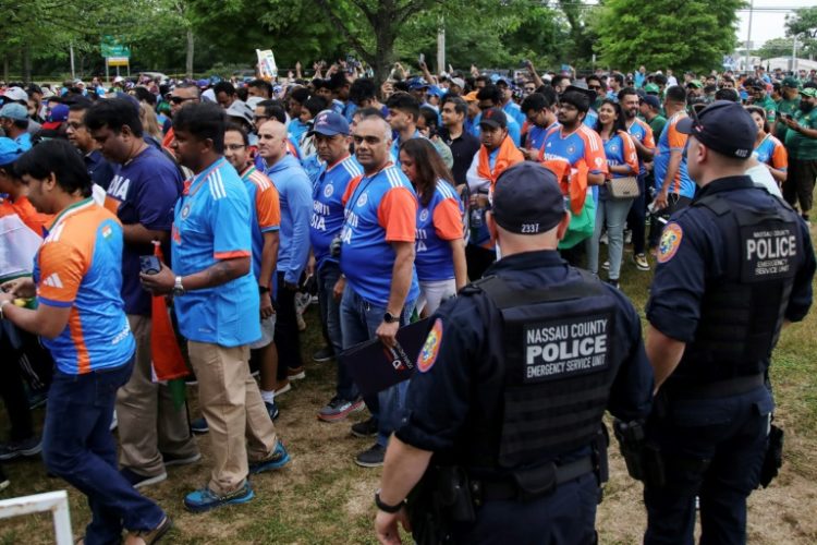 Supporters arrive for the Twenty20 World Cup cricket match between India and Pakistan at Nassau County International Cricket Stadium in East Meadow, New York on Sunday. . ©AFP