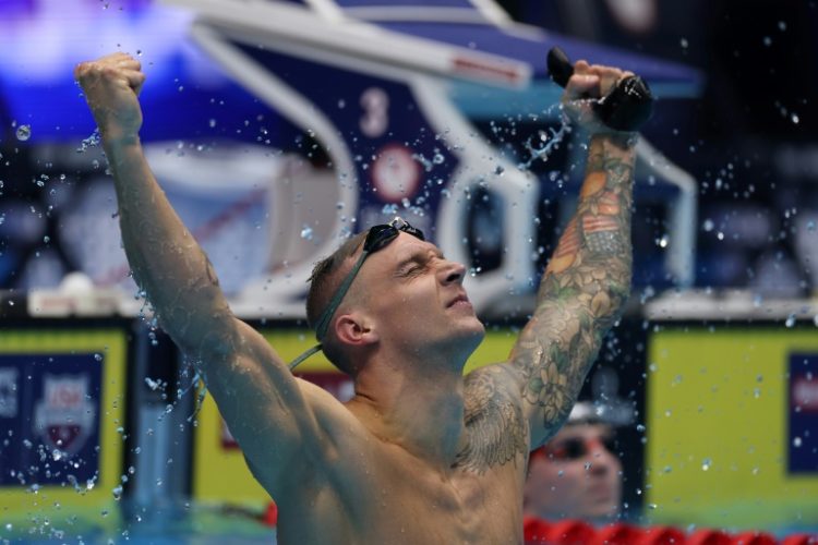 Caeleb Dressel celebrates his victory in the 100m butterfly at the US Olympic swimming trials. ©AFP