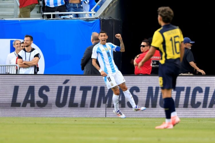 Angel Di Maria celebrates his goal in Argentina's win over Ecuador in Chicago on Sunday. ©AFP