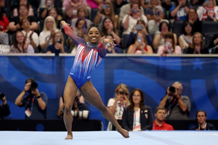 Simone Biles competes in floor exercise at the US Olympic gymnastics trials. ©AFP