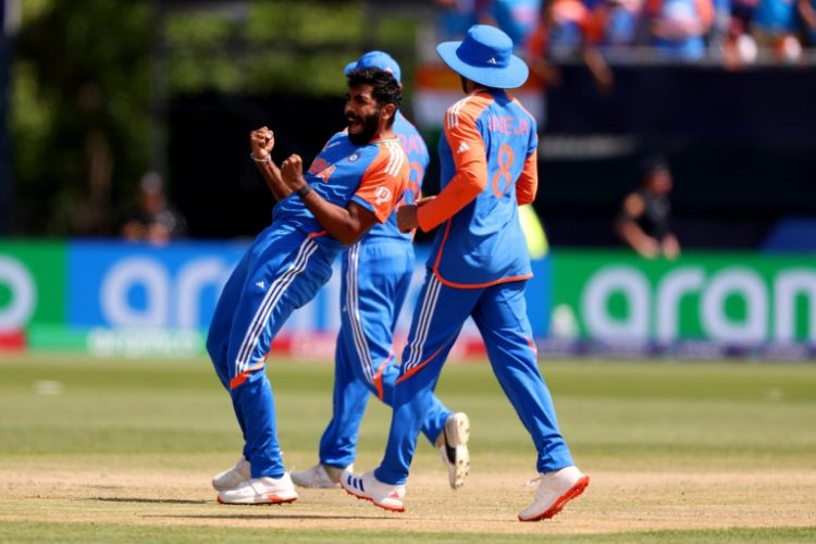 Indian match-winner Jasprit Bumrah celebrates taking the key wicket of Mohammad Rizwan in Sunday's victory over Pakistan at the T20 World Cup. ©AFP