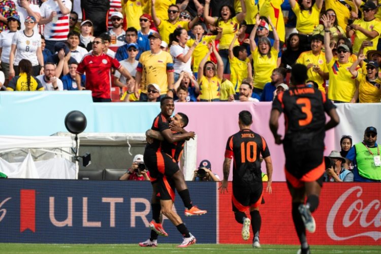 Colombia's Jhon Arias celebrates after firing his team into the lead during a 5-1 drubbing of the USA in Landover, Maryland on Saturday. ©AFP