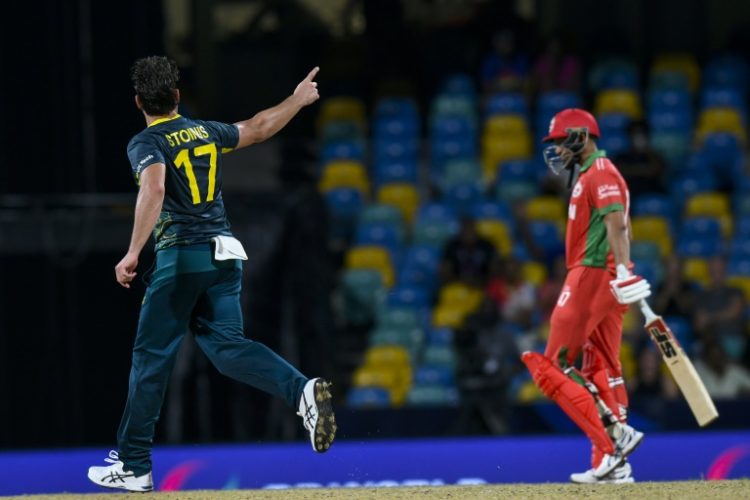 Australia's Marcus Stoinis celebrates the dismissal of Oman's Aqib Ilyas in their T20 World Cup opener in Barbados. ©AFP