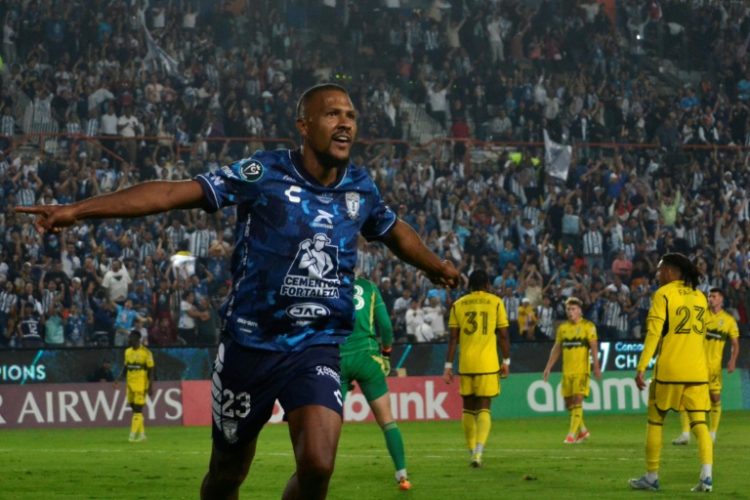 Pachuca's Venezuelan forward Salomon Rondon celebrates after scoring one of his two goals in a CONCACAF Champions Cup final victory over Columbus Crew. ©AFP