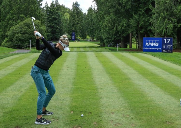 Nelly Korda  plays a tee shot during a practice round at Sahalee Country Club in Washington, venue for this week's Women's PGA Championship. ©AFP