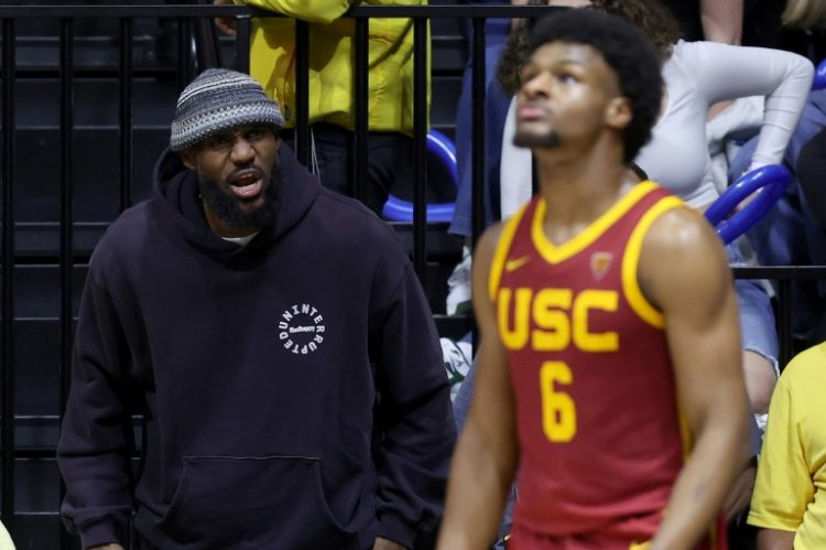 Los Angeles Lakers star LeBron James, left, will opt out of his NBA contract with the Los Angeles Lakers with plans to sign a new deal with the club so he can play alongside the team's newest draft pick, his son Bronny James, right. ©AFP
