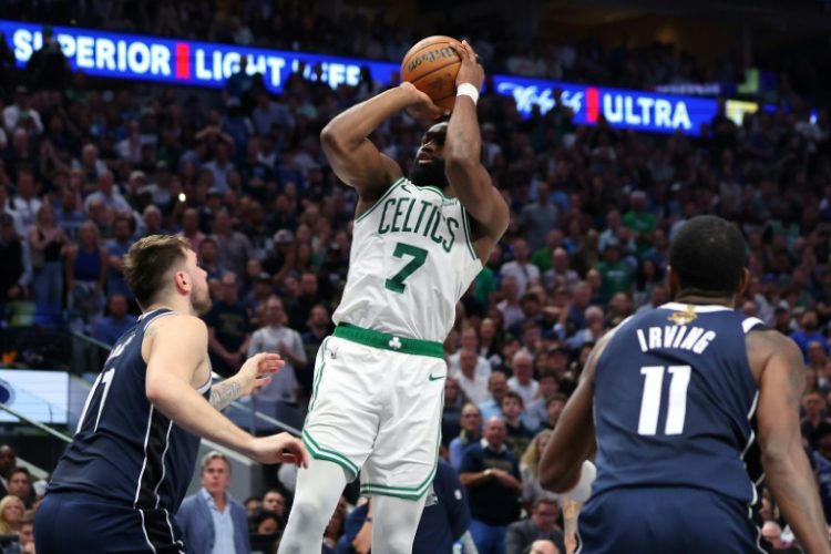Boston's Jaylen Brown shoots over Luka Doncic in the Celtics' game-three victory over Dallas in the NBA Finals. ©AFP