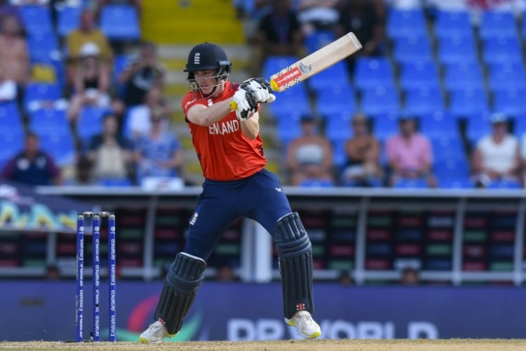 On the attack: England's Harry Brook hits a boundary on his way to 47 not out in a T20 World Cup match against Namibia in Antigua. ©AFP