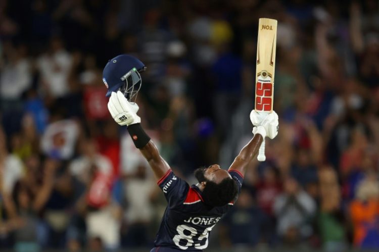 Aaron Jones of USA celebrates winning the opening T20 World Cup match against Canada on Saturday.  . ©AFP