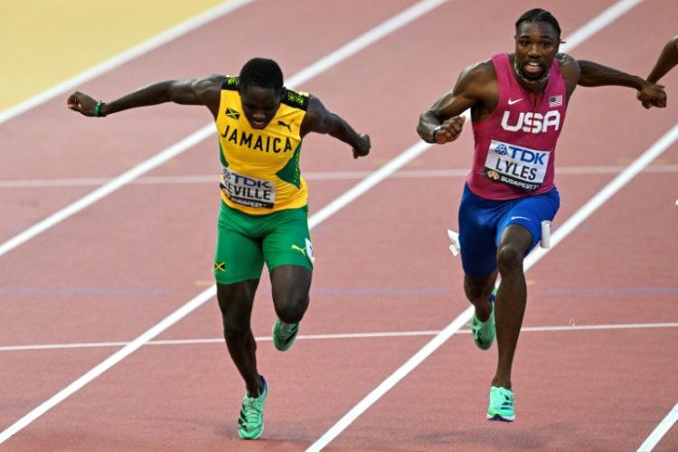 Jamaica's Oblique Seville, left, beat reigning world champion Noah Lyles of the United States, right, in the men's 100m final at the Racer Grand Prix meet in Jamaica. ©AFP