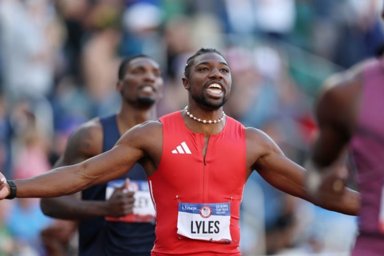 Reigning world 100m champion Noah Lyles reacts after winning the 100 at the US Olympic athletics trials to book a berth at the Paris Games. ©AFP