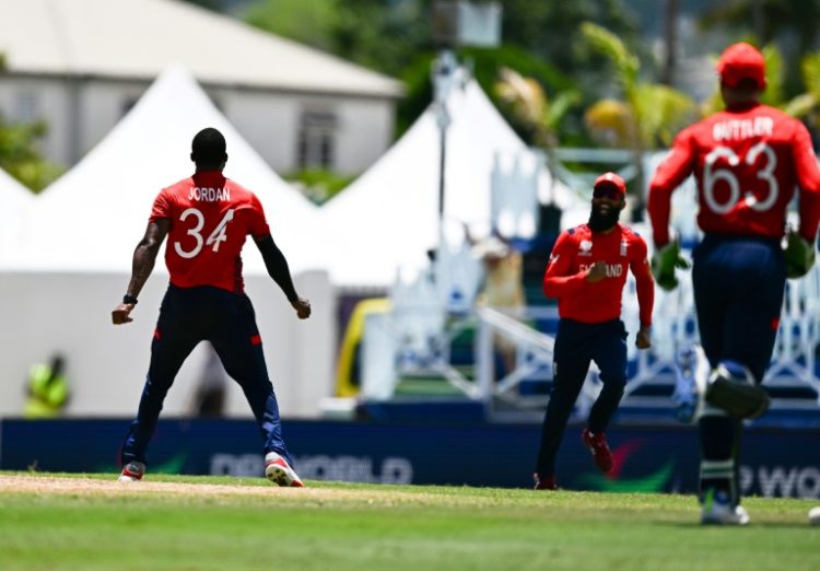 Hat-trick hero: England's Chris Jordan celebrates after dismissing USA's Saurabh Netravalkar to complete a hat-trick in a T20 World Cup Super Eights match in Barbados. ©AFP