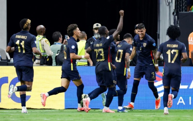 Ecuador players celebrate midfielder Kendry Paez's goal in their 3-1 win over Jamaica in the Copa America. ©AFP