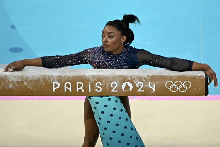 First look: Four-time Olympic gold medallist Simone Biles trains at Bercy Arena. ©AFP