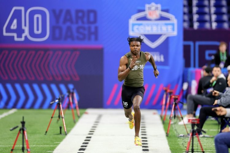 Khyree Jackson, shown running the 40-yard dash at the NFL Combine last March for rookie talent in Indianapolis, was killed at age 24 in a car crash, Maryland State Police said. ©AFP