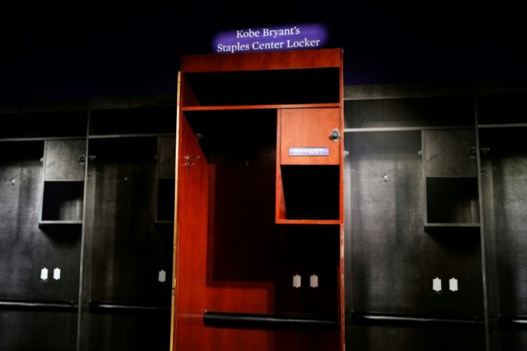 The locker used by US basketball player, Kobe Bryant, at the Staples Center is displayed at Sotheby's auction house in New York City on July 26, 2024. The auction started on July 22 and will run through August 2, 2024. . ©AFP