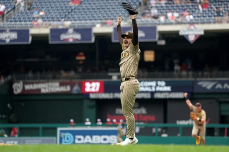 Dylan Cease of the San Diego Padres celebrates after throwing a no-hitter to defeat the host Washington Nationals in a Major League Baseball game. ©AFP